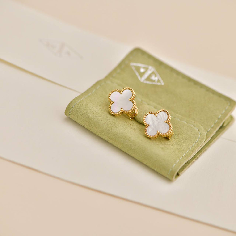 Used Van Cleef & Arpels Vintage Alhambra Mother of Pearl 18K Yellow Gold Earrings