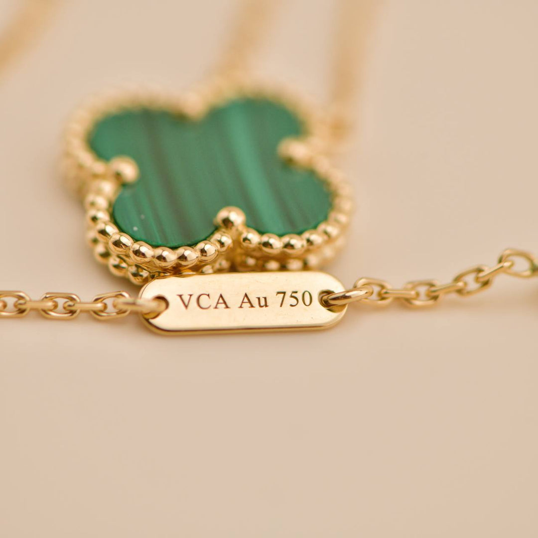 Preowned Van Cleef Vintage Alhambra Malachite 18K Yellow Gold Pendant Necklace