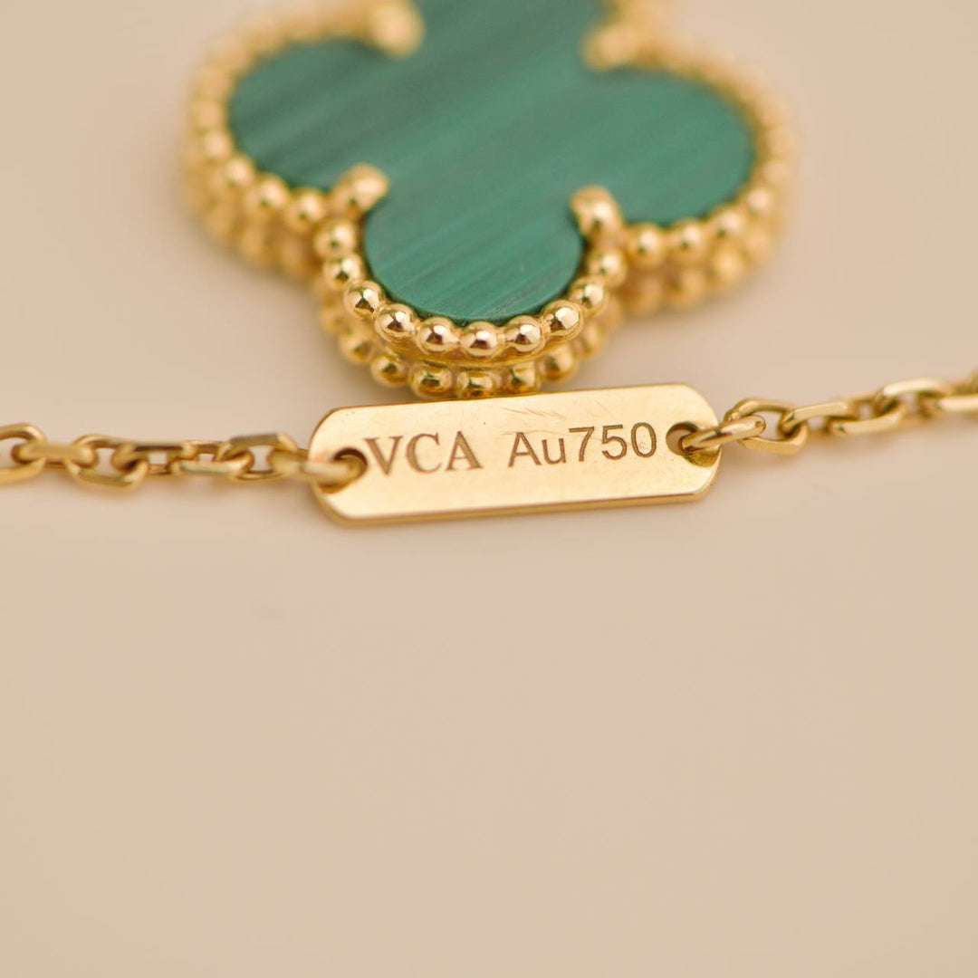 Preowned Van Cleef Vintage Alhambra Malachite 18K Yellow Gold Pendant Necklace
