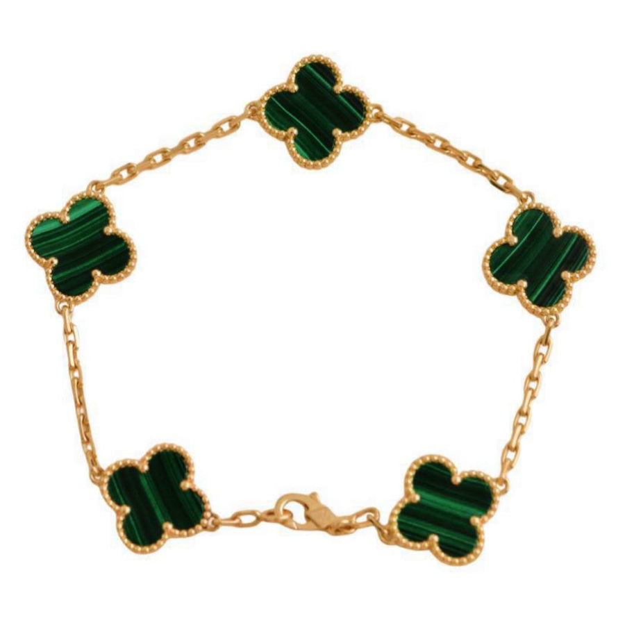 Preloved Van Cleef & Arpels Vintage Alhambra 5 Motif Malachite 18K Yellow Gold Bracelet