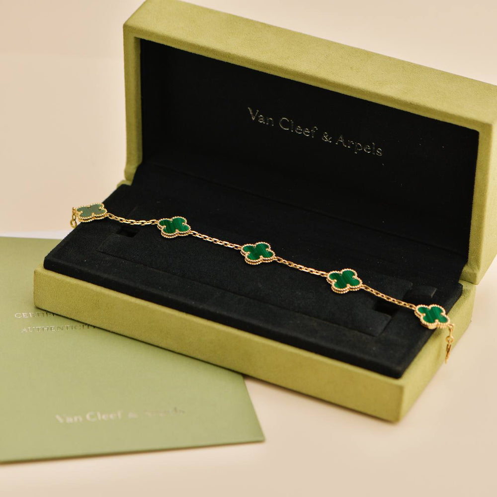 Preowned Van Cleef & Arpels Vintage Alhambra 5 Motif Malachite 18K Yellow Gold Bracelet