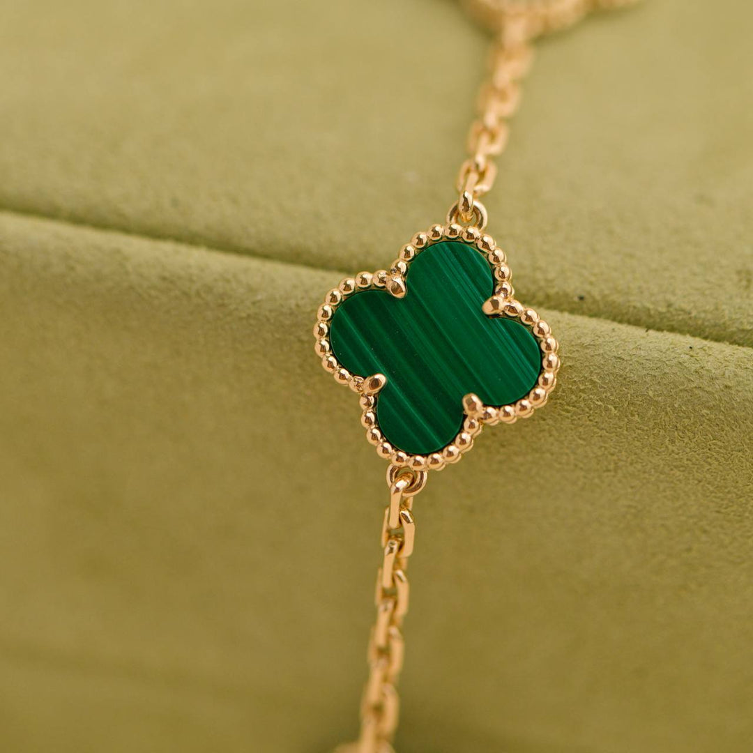 Second Hand Van Cleef & Arpels Vintage Alhambra 5 Motif Malachite 18K Yellow Gold Bracelet