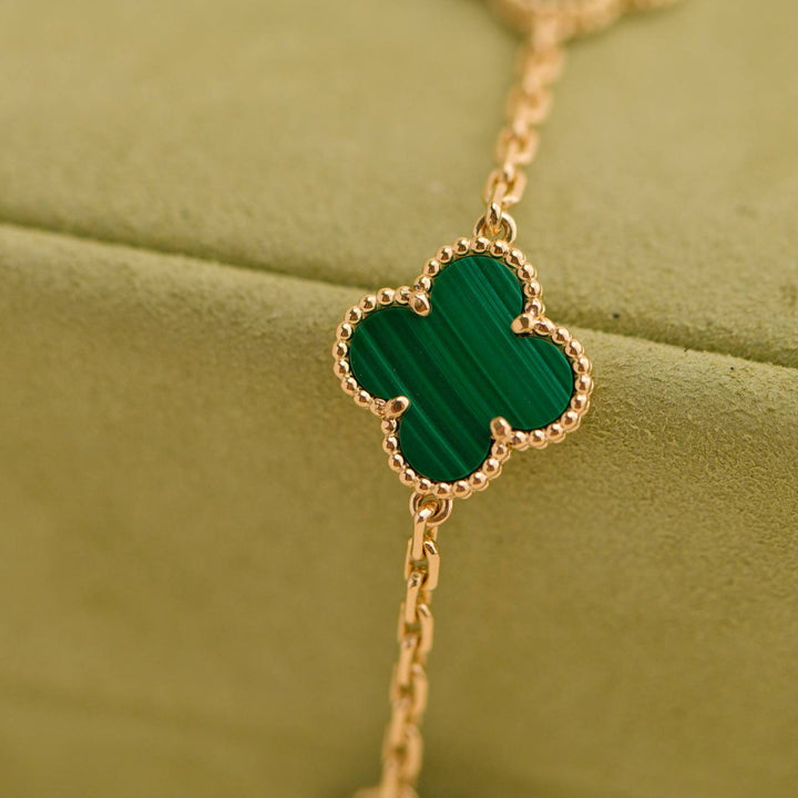 Second Hand Van Cleef & Arpels Vintage Alhambra 5 Motif Malachite 18K Yellow Gold Bracelet