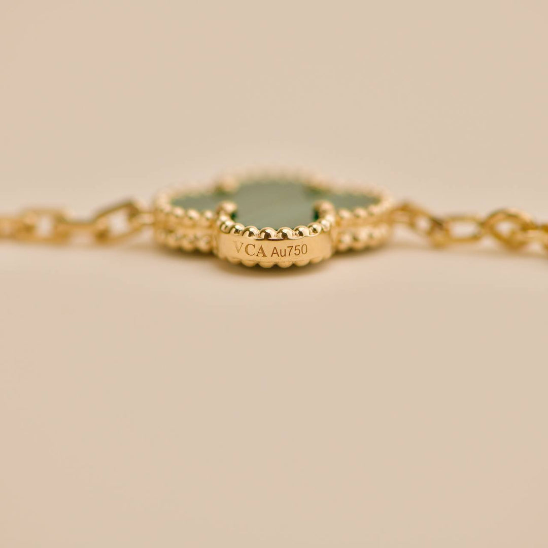Used Van Cleef & Arpels Vintage Alhambra 5 Motif Malachite 18K Yellow Gold Bracelet