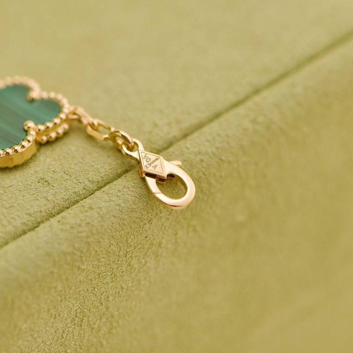 Preowned VCA Vintage Alhambra 5 Motif Malachite 18K Yellow Gold Bracelet