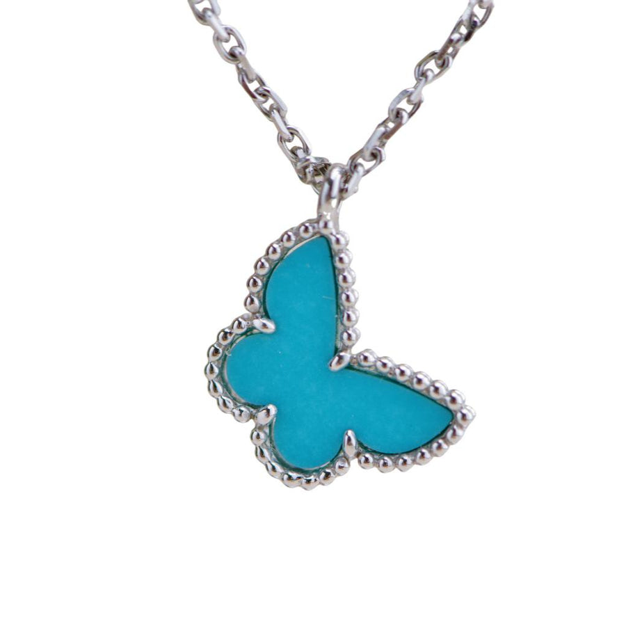 Preloved Van Cleef & Arpels Sweet Alhambra Turquoise Butterfly 18K White Gold Pendant Necklace