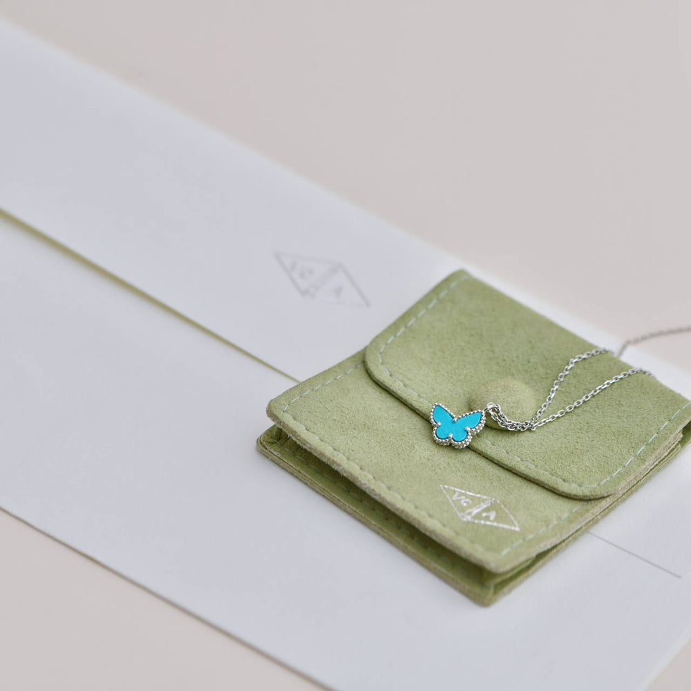 Preowned Van Cleef & Arpels Sweet Alhambra Turquoise Butterfly 18K White Gold Pendant Necklace