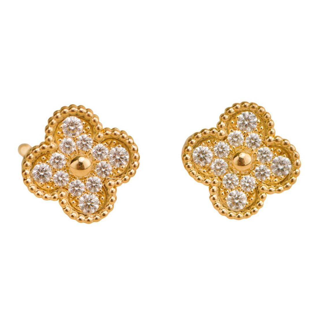Preloved Van Cleef & Arpels Vintage Alhambra Diamond 18K Yellow Gold Earrings
