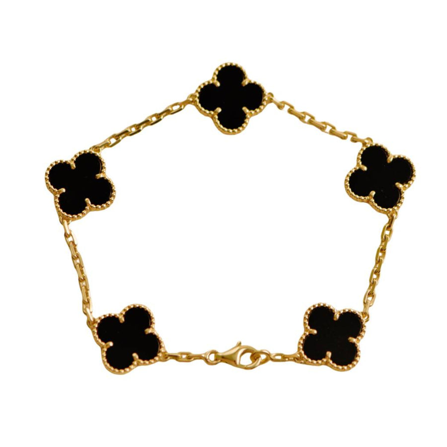 Preloved Van Cleef & Arpels Vintage Alhambra 5 Motif Onyx 18K Yellow Gold Bracelet