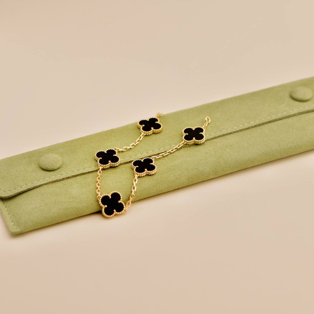 Preowned Van Cleef & Arpels Vintage Alhambra 5 Motif Onyx 18K Yellow Gold Bracelet