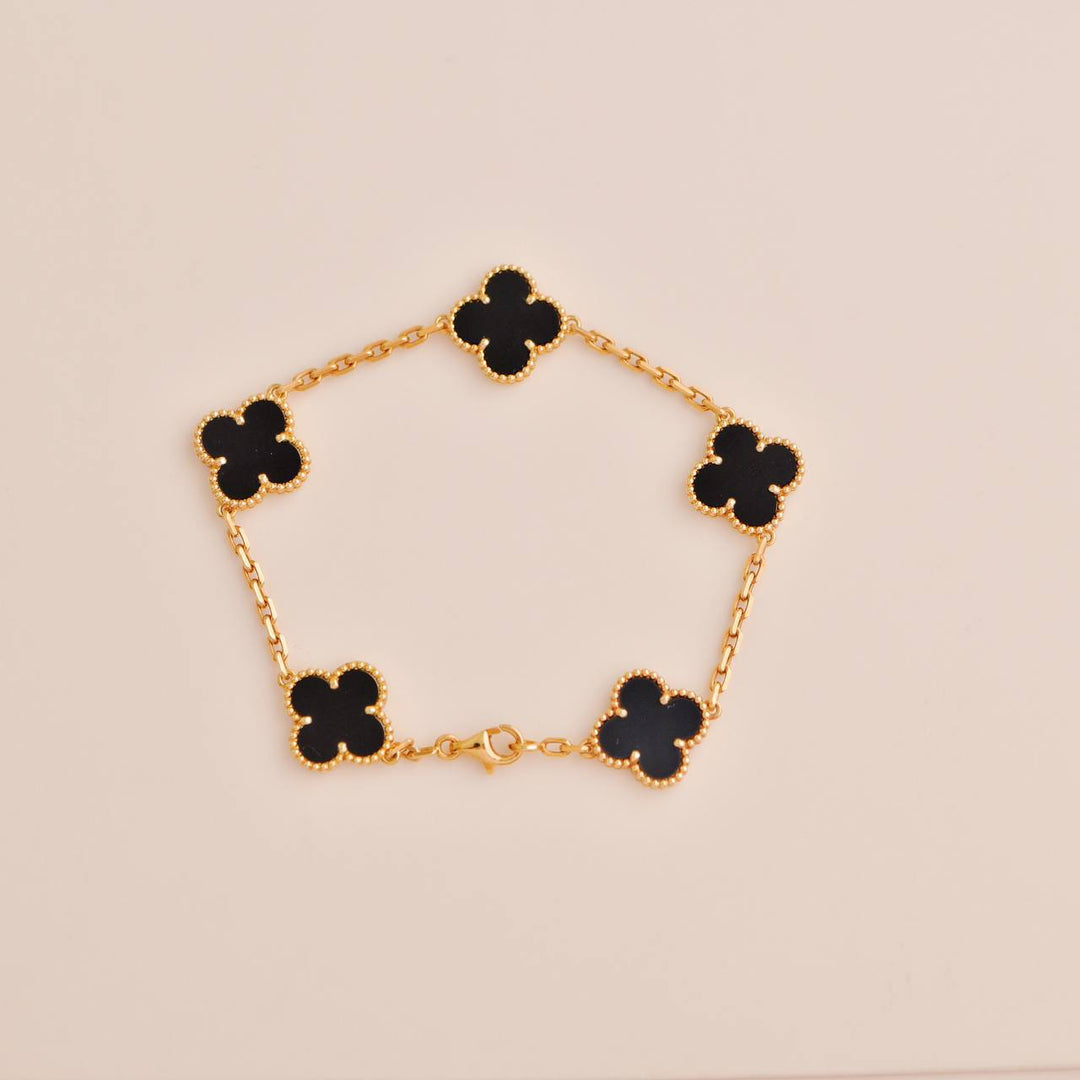 Used Van Cleef & Arpels Vintage Alhambra 5 Motif Onyx 18K Yellow Gold Bracelet