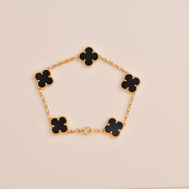 Used Van Cleef & Arpels Vintage Alhambra 5 Motif Onyx 18K Yellow Gold Bracelet