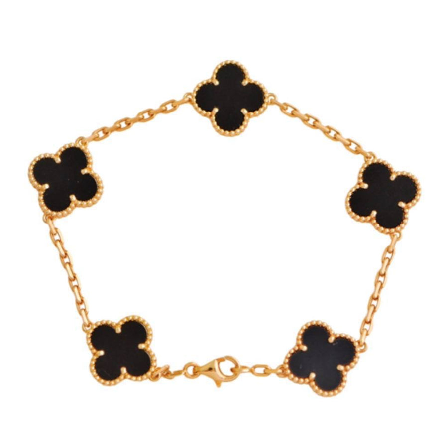 Preloved Van Cleef & Arpels Vintage Alhambra 5 Motif Onyx 18K Yellow Gold Bracelet