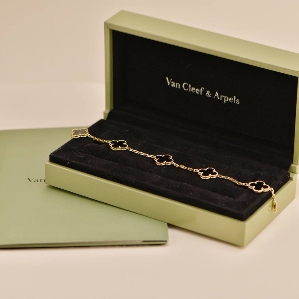 Preowned Van Cleef & Arpels Vintage Alhambra 5 Motif Onyx 18K Yellow Gold Bracelet