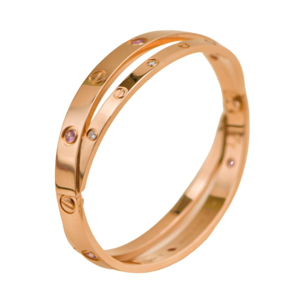 Preloved Cartier Diamond Pink Sapphire Double Love 18K Rose Gold Half Bracelet Size 17