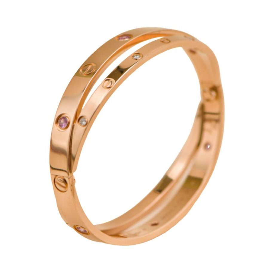 Preloved Cartier Diamond Pink Sapphire Double Love 18K Rose Gold Half Bracelet Size 17