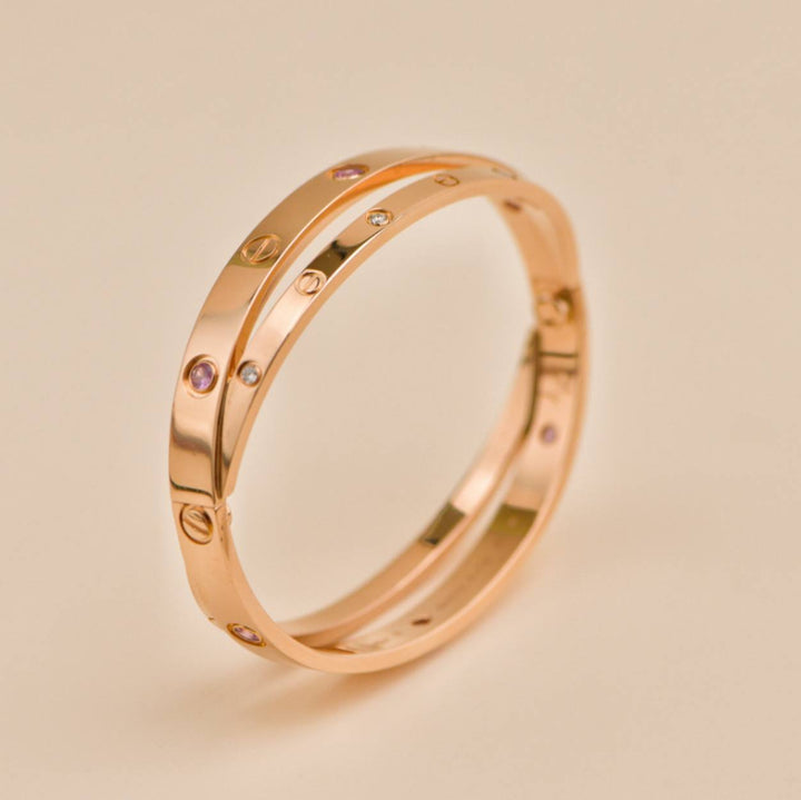 Second Hand Cartier Diamond Pink Sapphire Double Love 18K Rose Gold Half Bracelet Size 17