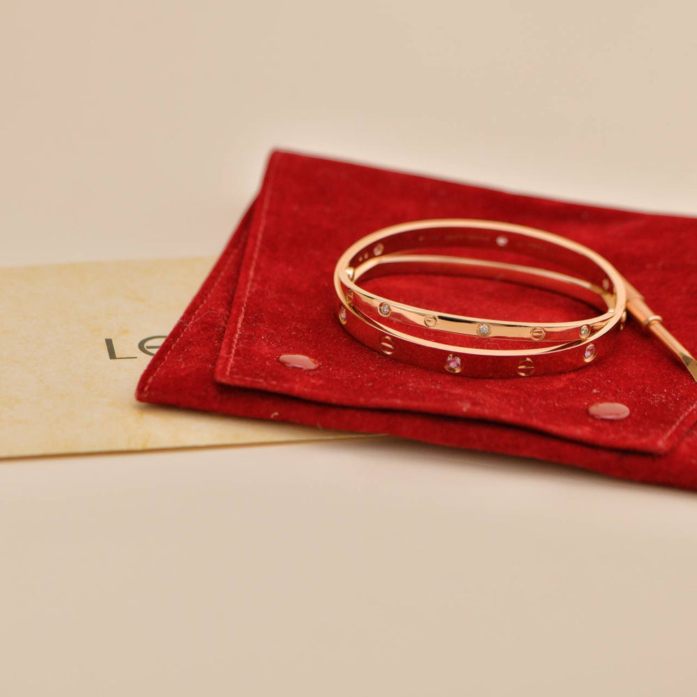 Preowned Cartier Diamond Pink Sapphire Double Love 18K Rose Gold Half Bracelet Size 17