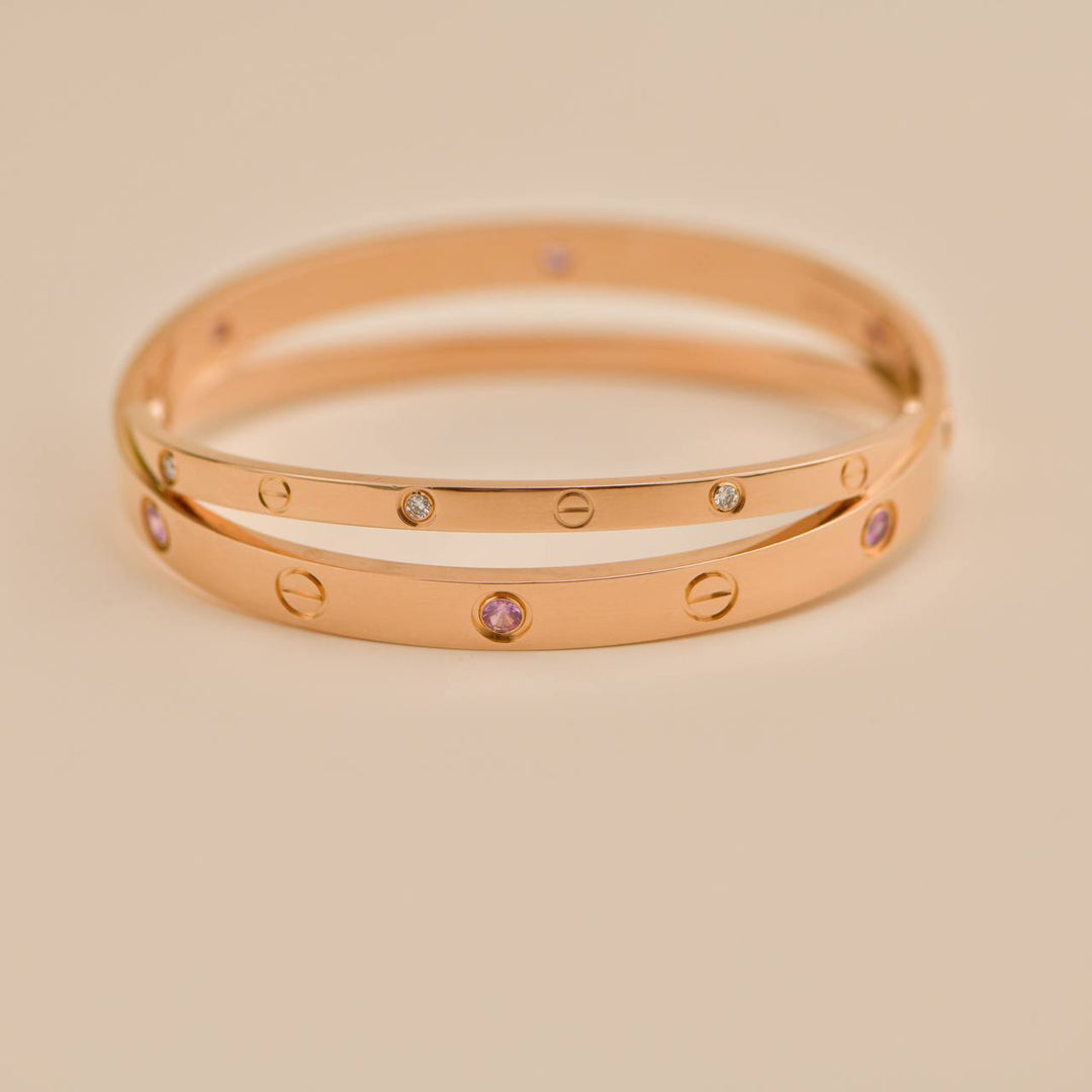 Used Cartier Diamond Pink Sapphire Double Love 18K Rose Gold Half Bracelet Size 17