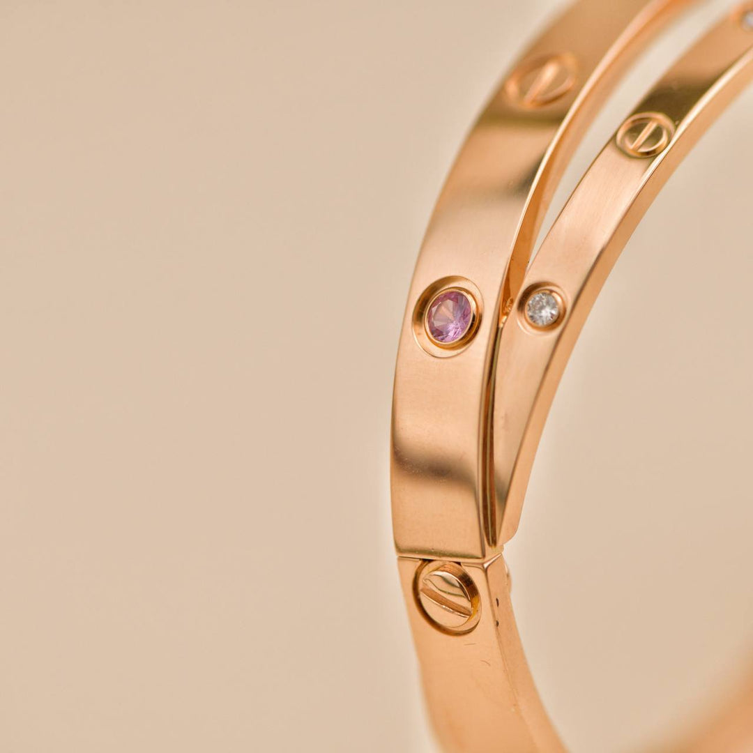 Preloved Cartier Diamond Pink Sapphire Double Love 18K Rose Gold Half Bracelet 