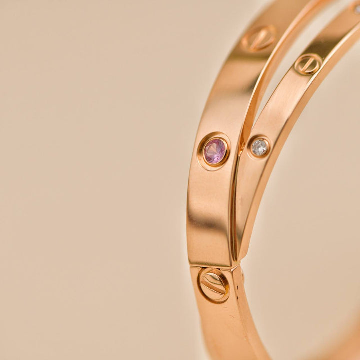 Preloved Cartier Diamond Pink Sapphire Double Love 18K Rose Gold Half Bracelet 