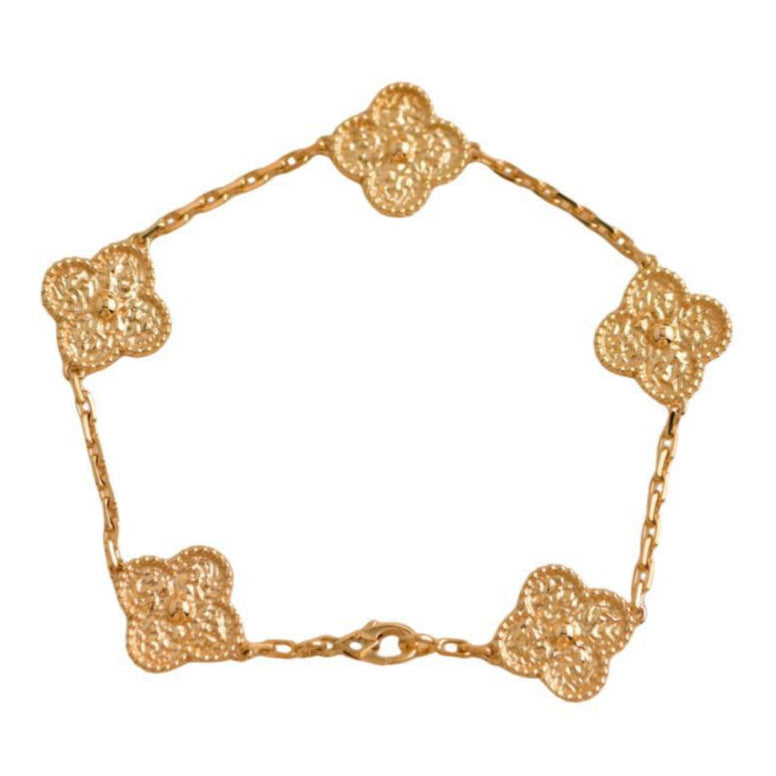 Preloved Van Cleef & Arpels Vintage Alhambra Hammered 18K Yellow Gold 5 Motif Bracelet