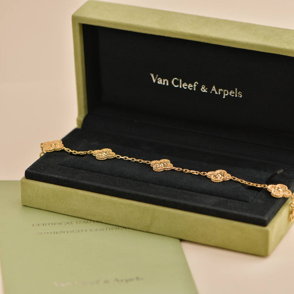 Preowned Van Cleef & Arpels Vintage Alhambra Hammered 18K Yellow Gold 5 Motif Bracelet