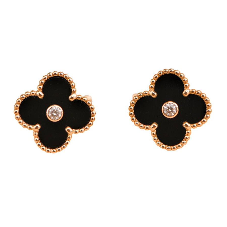 Preloved Van Cleef & Arpels Vintage Alhambra Limited Edition Onyx Diamond Rose Gold Earrings