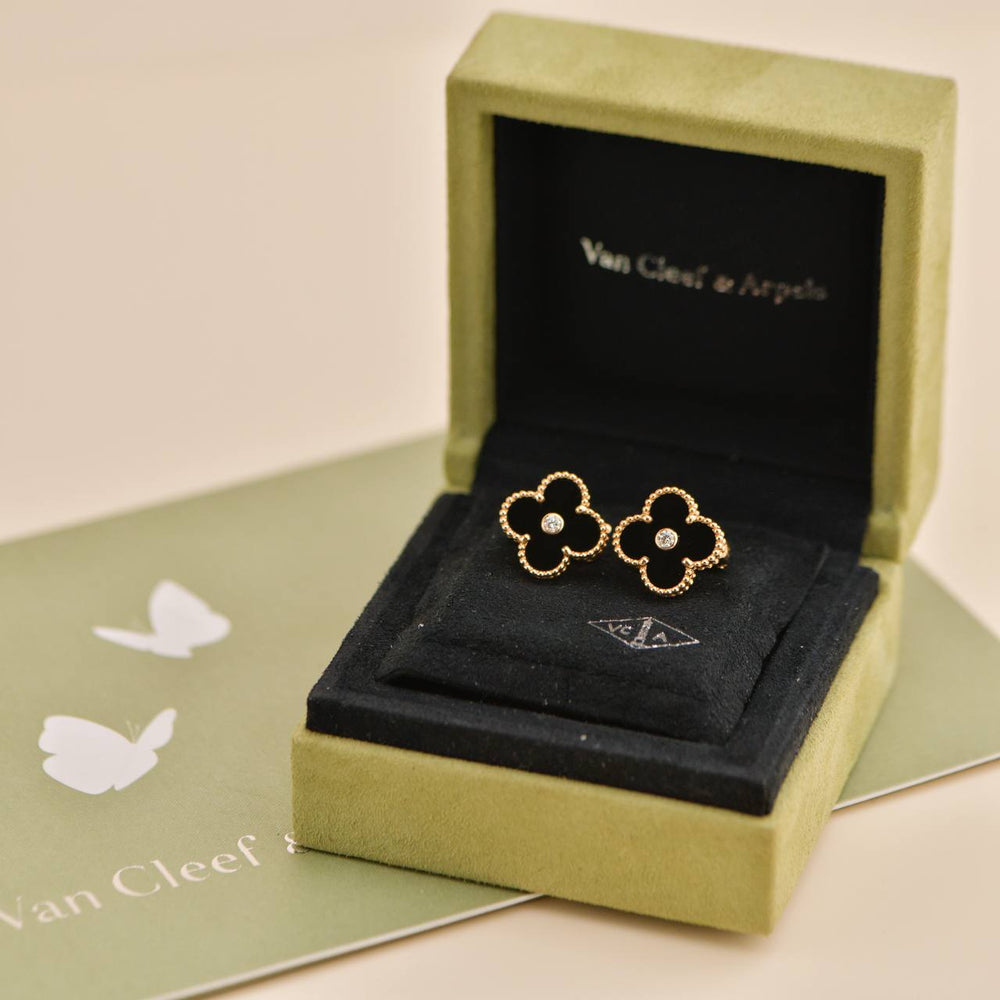 Preowned Van Cleef & Arpels Vintage Alhambra Limited Edition Onyx Diamond Rose Gold Earrings