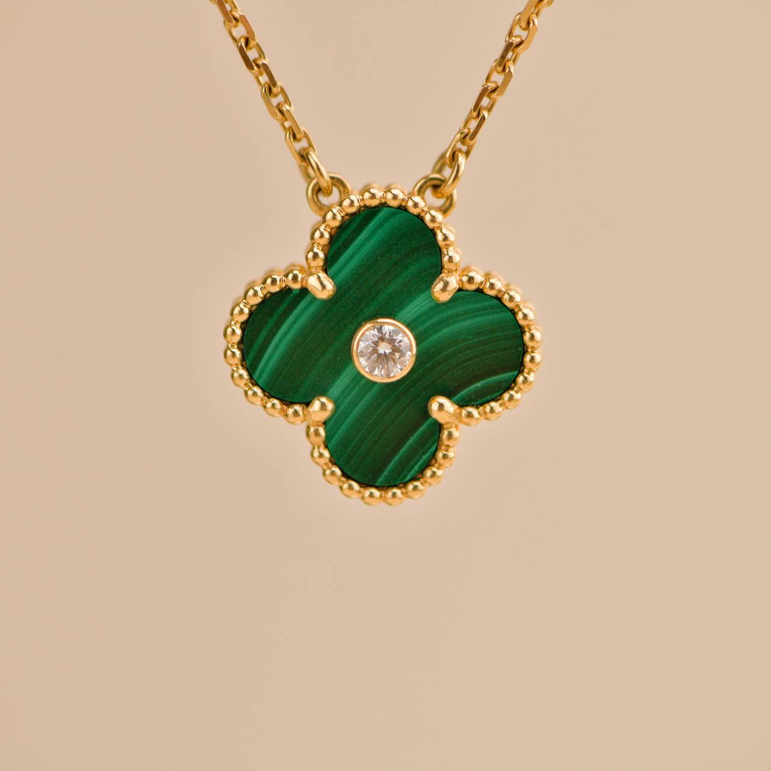 Preloved VCA Vintage Alhambra Malachite Diamond 2013 Holiday Pendant Necklace