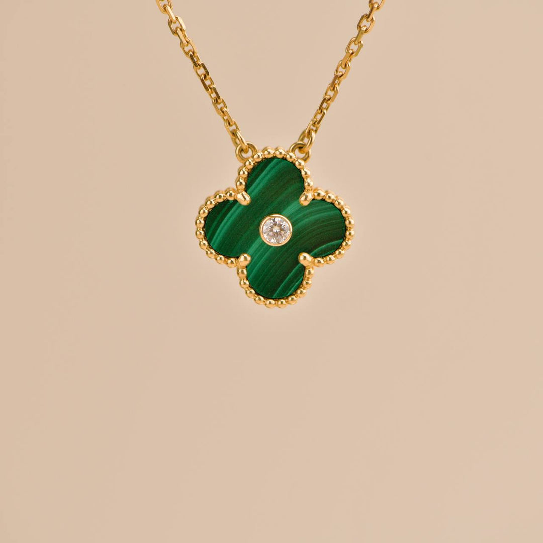 Second Hand Van Cleef Vintage Alhambra Malachite Diamond 2013 Holiday Pendant Necklace