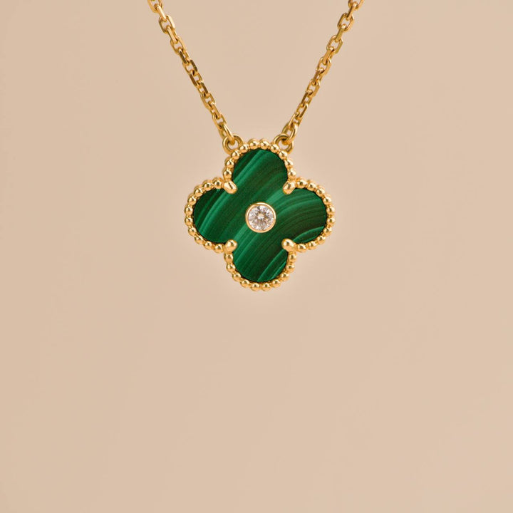 Second Hand Van Cleef Vintage Alhambra Malachite Diamond 2013 Holiday Pendant Necklace