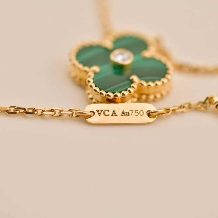 Used Van Cleef & Arpels Vintage Alhambra Malachite Diamond 2013 Holiday Pendant Necklace