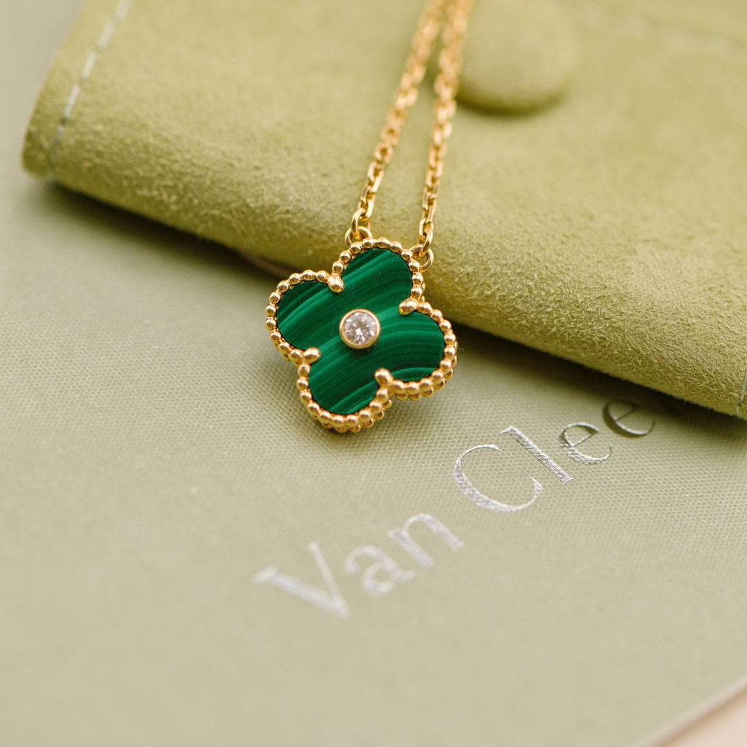 Preowned Van Cleef & Arpels Vintage Alhambra Malachite Diamond 2013 Holiday Pendant Necklace