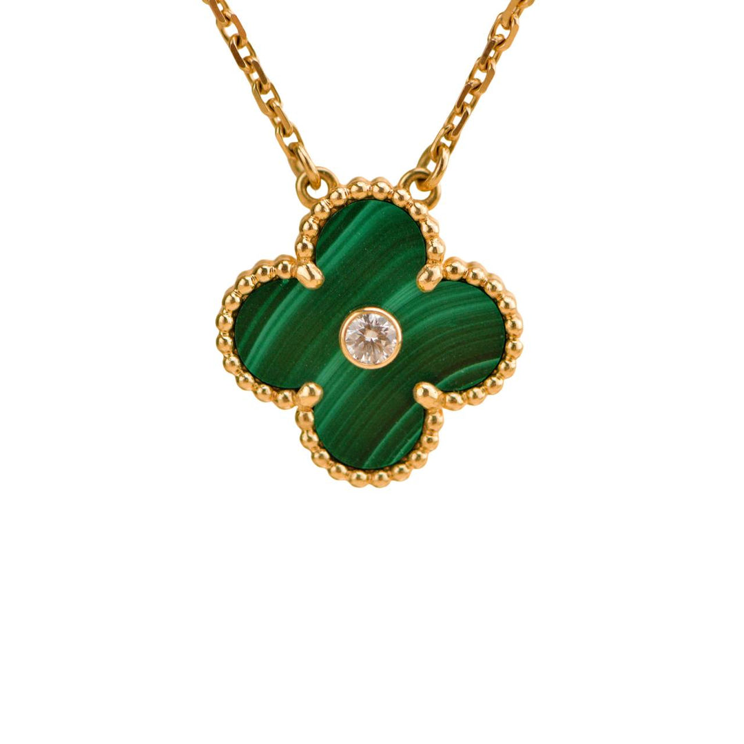 Preloved Van Cleef & Arpels Vintage Alhambra Malachite Diamond 2013 Holiday Pendant Necklace