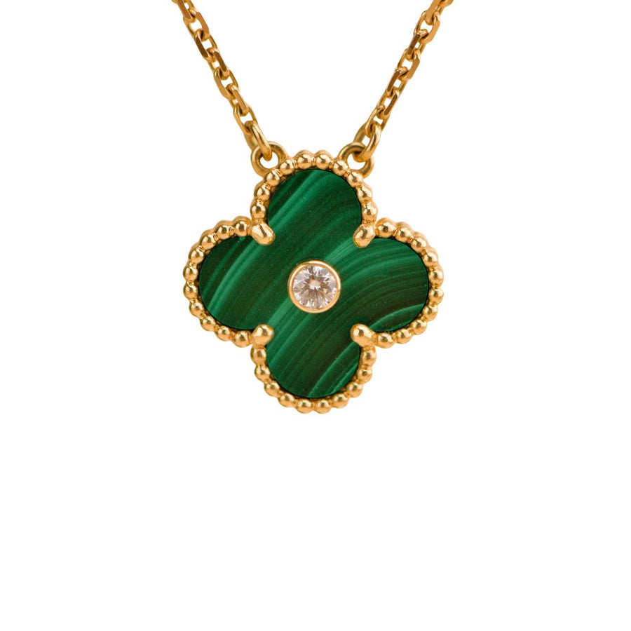 Preloved Van Cleef & Arpels Vintage Alhambra Malachite Diamond 2013 Holiday Pendant Necklace