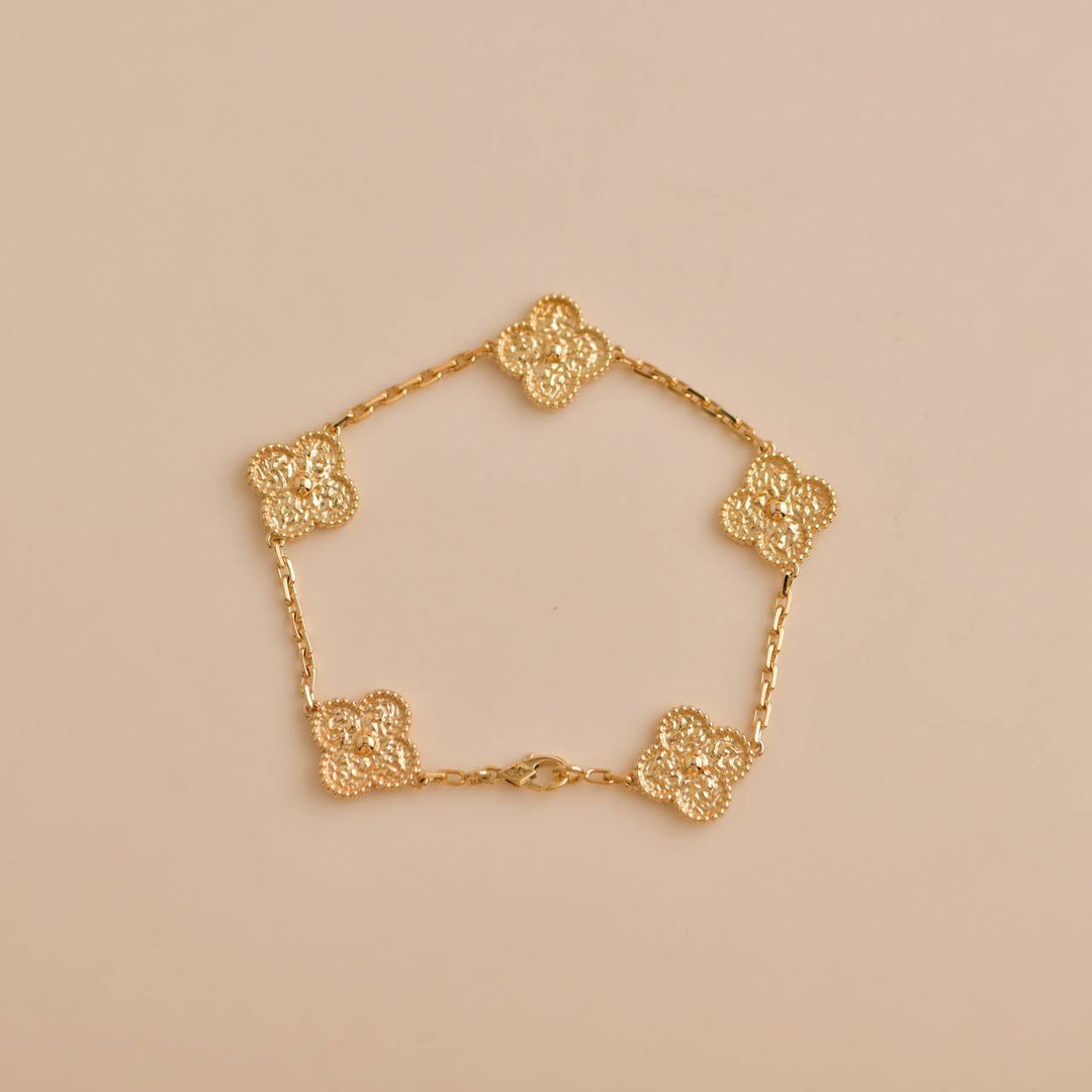 Second Hand Van Cleef Vintage Alhambra Hammered 18K Yellow Gold 5 Motif Bracelet