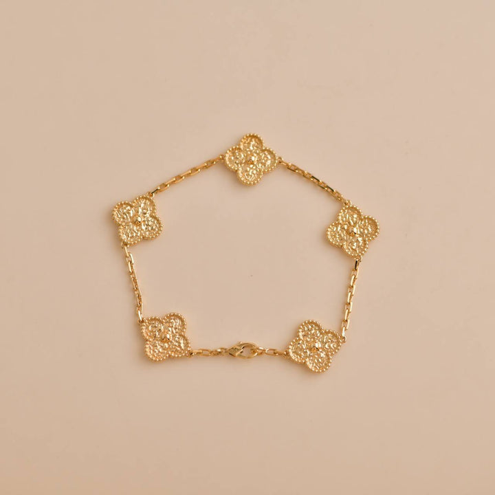 Second Hand Van Cleef Vintage Alhambra Hammered 18K Yellow Gold 5 Motif Bracelet