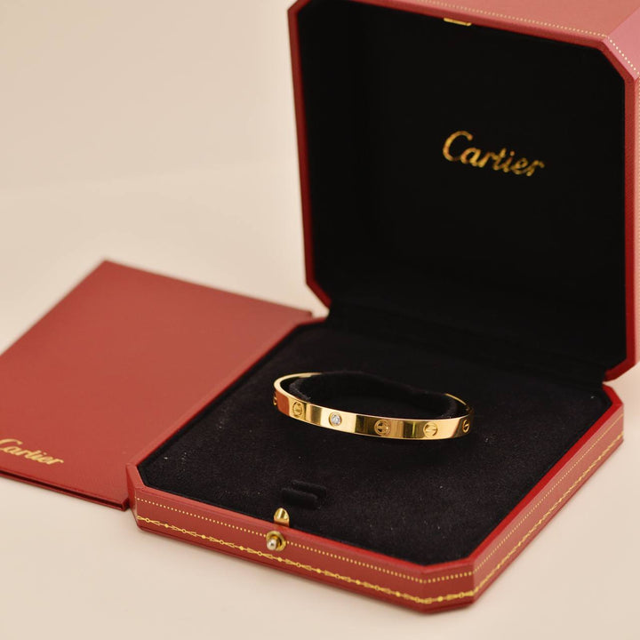 Preowned Cartier Love One Diamond 18K Yellow Gold Cuff Bracelet Size 18