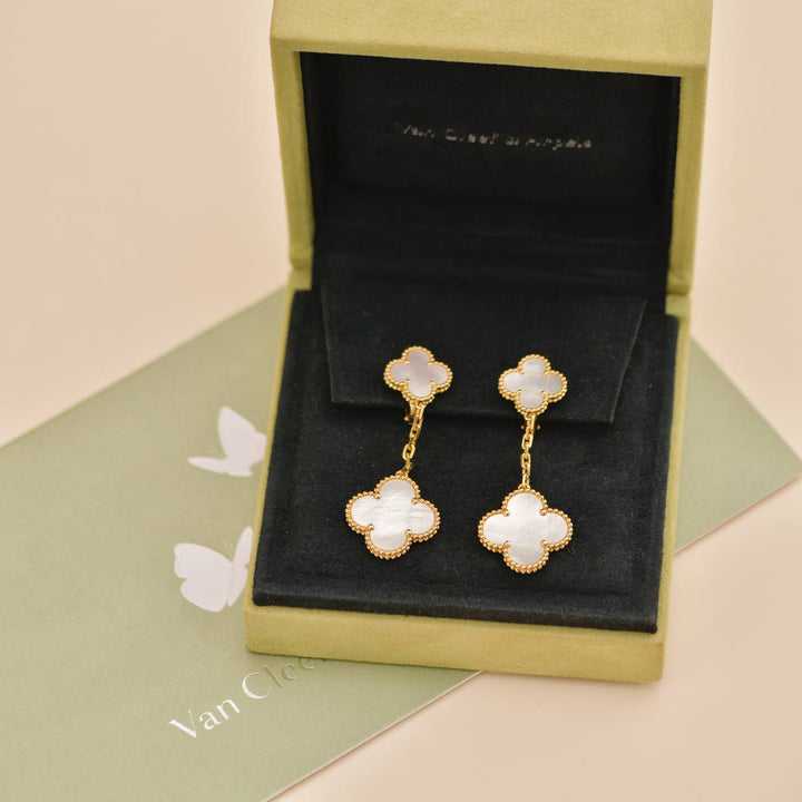 Preowned Van Cleef & Arpels Magic Alhambra Two Motif Mother of Pearl 18K Gold Earrings