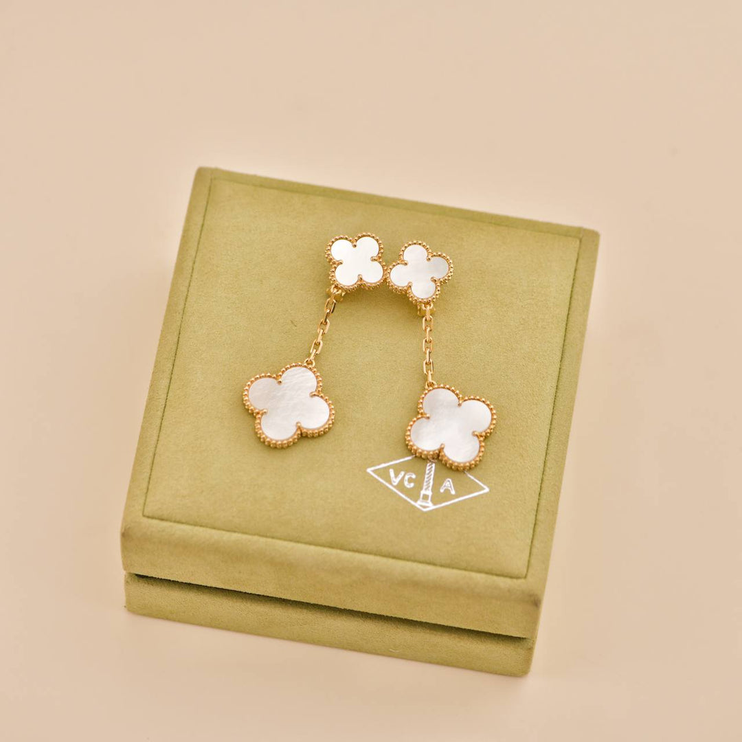 Preloved Van Cleef Magic Alhambra Two Motif Mother of Pearl 18K Gold Earrings