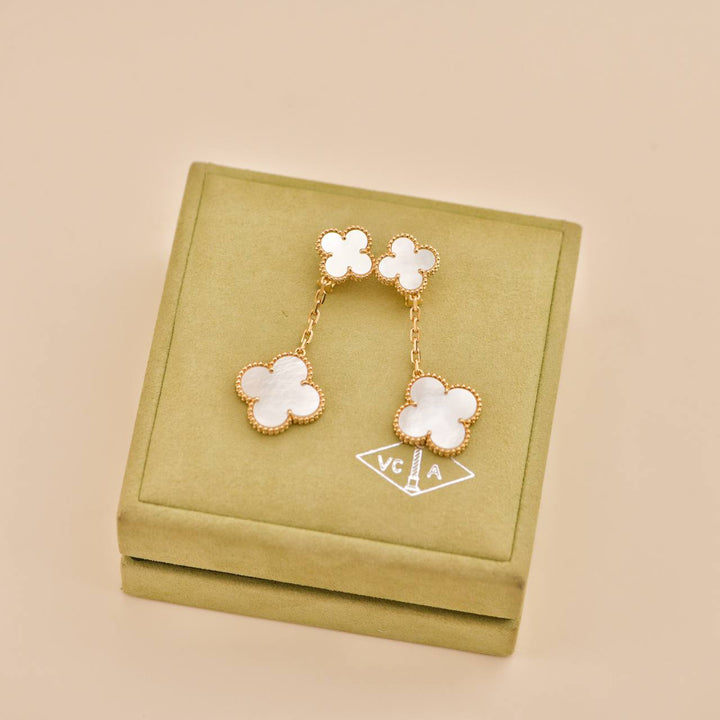 Preloved Van Cleef Magic Alhambra Two Motif Mother of Pearl 18K Gold Earrings