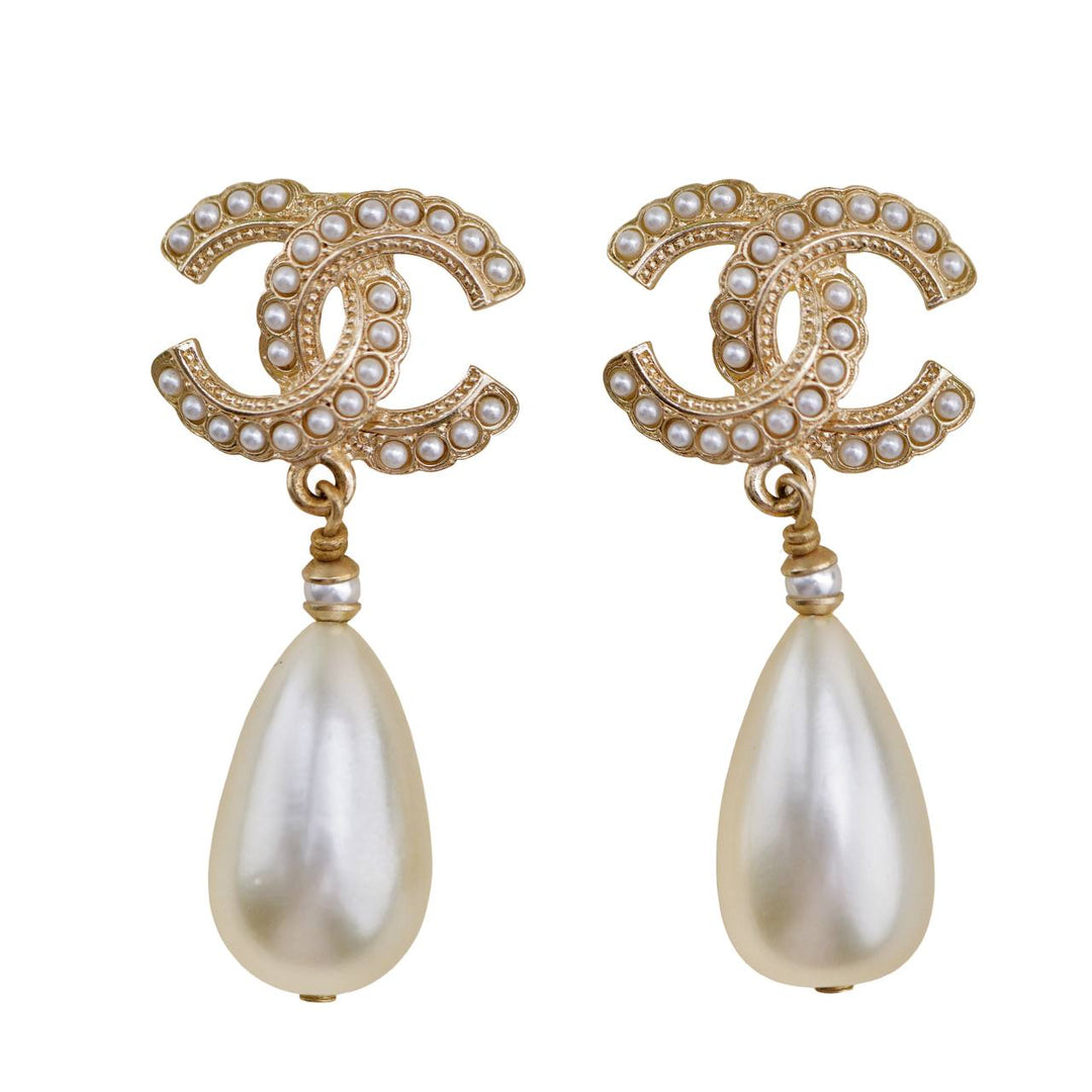 Preloved Chanel CC Drop Gold Metal Faux Pearl Earrings