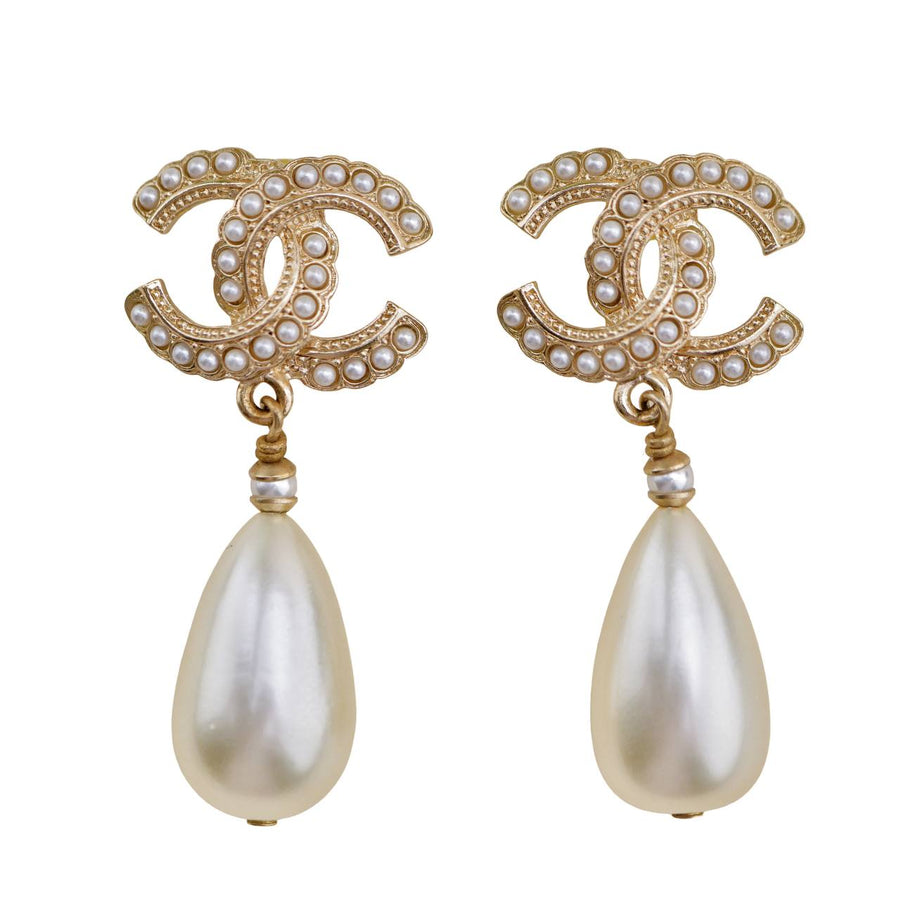 Preloved Chanel CC Drop Gold Metal Faux Pearl Earrings