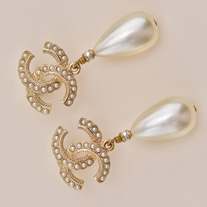 Used Chanel CC Drop Gold Metal Faux Pearl Earrings