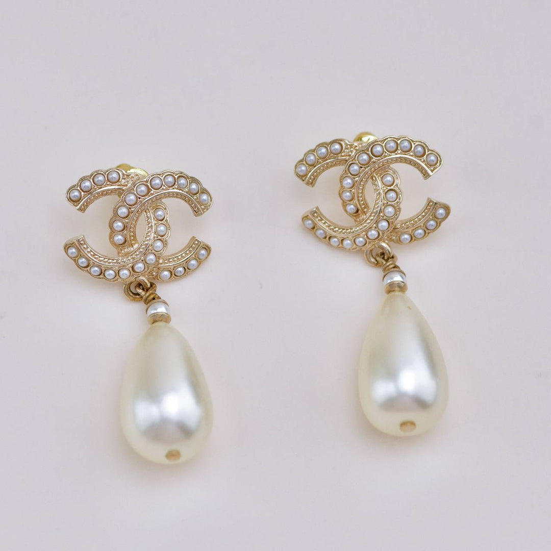 Preloved Chanel CC Drop Gold Metal Faux Pearl Earrings