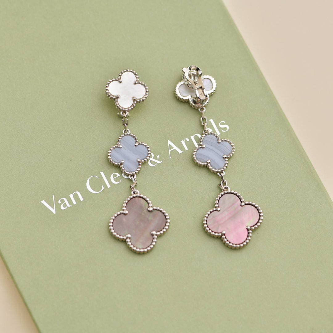 Preloved Van Cleef Magic Mother of Pearl and Chalcedony 3 Motif Earrings