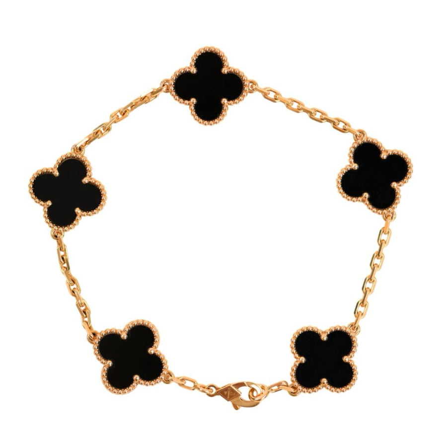 Preloved Van Cleef & Arpels Vintage Alhambra 5 Motif Black Onyx 18K Yellow Gold Bracelet