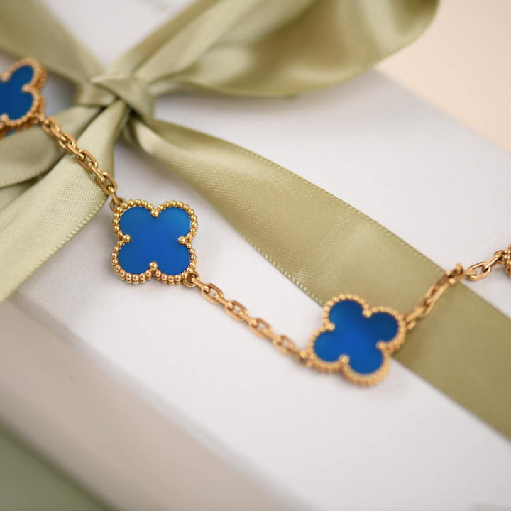 Second Hand Van Cleef & Arpels Vintage Alhambra Blue Agate 18K Yellow Gold Bracelet