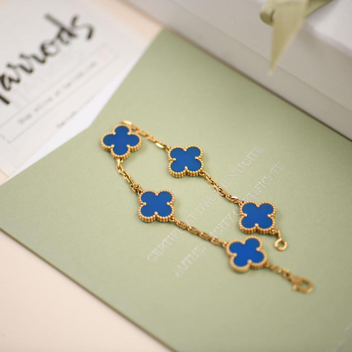 Used Van Cleef & Arpels Vintage Alhambra Blue Agate 18K Yellow Gold Bracelet